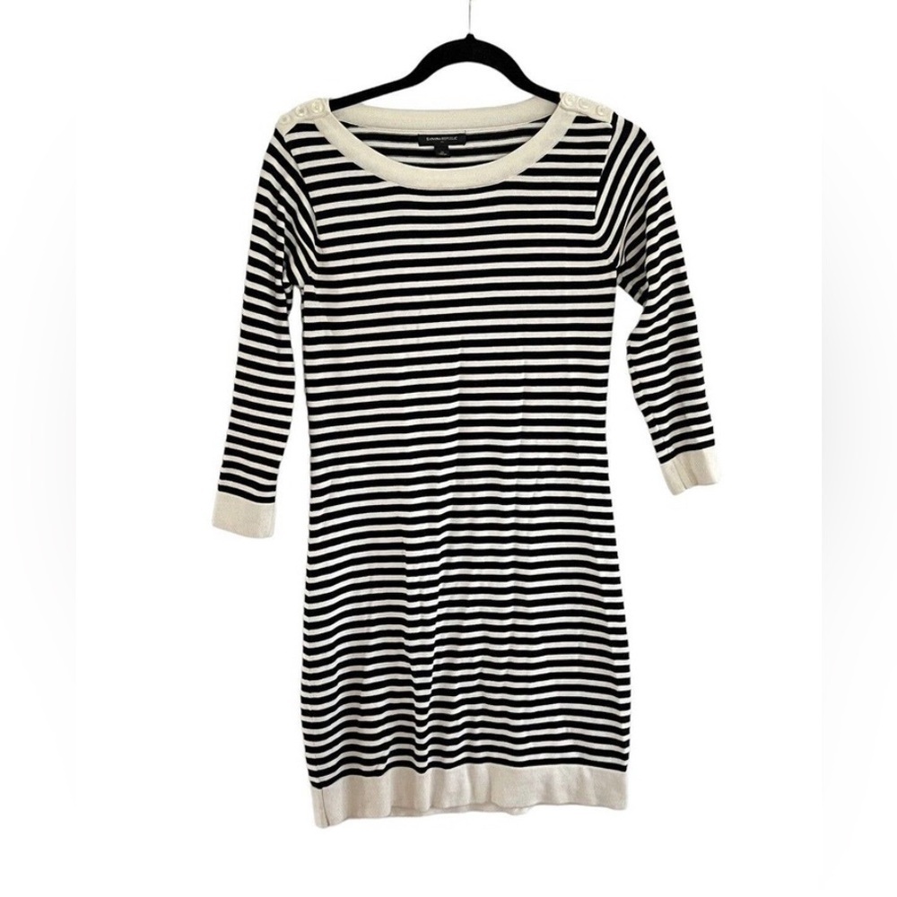 BANANA REPUBLIC Womens Sweater Dress Black & Cream Striped Knit 3/4 Sleeve M